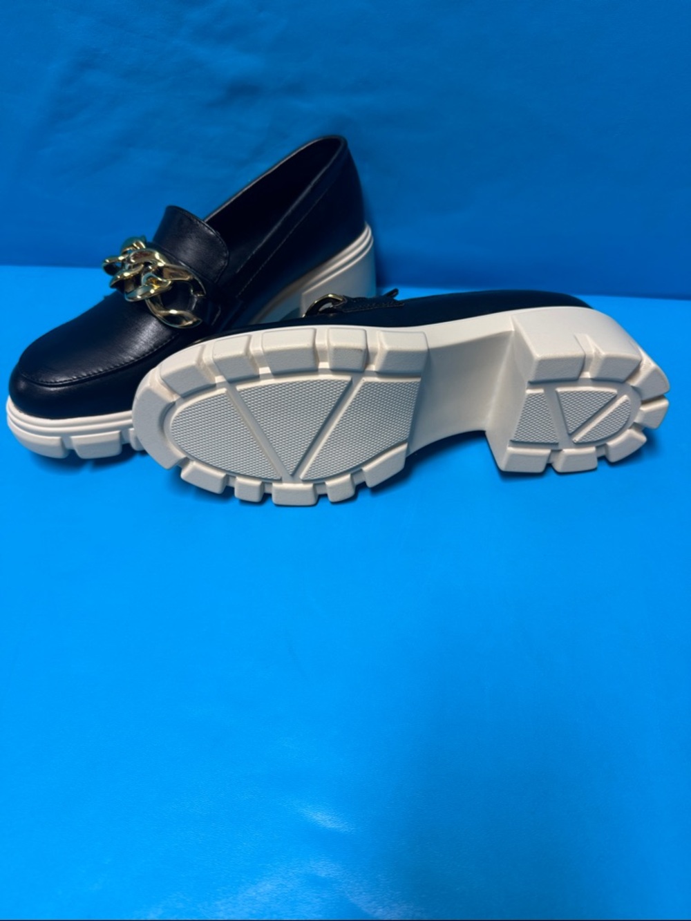 Ella Black Platform Loafers with Gold Chain Detail - Picture 2 of 3